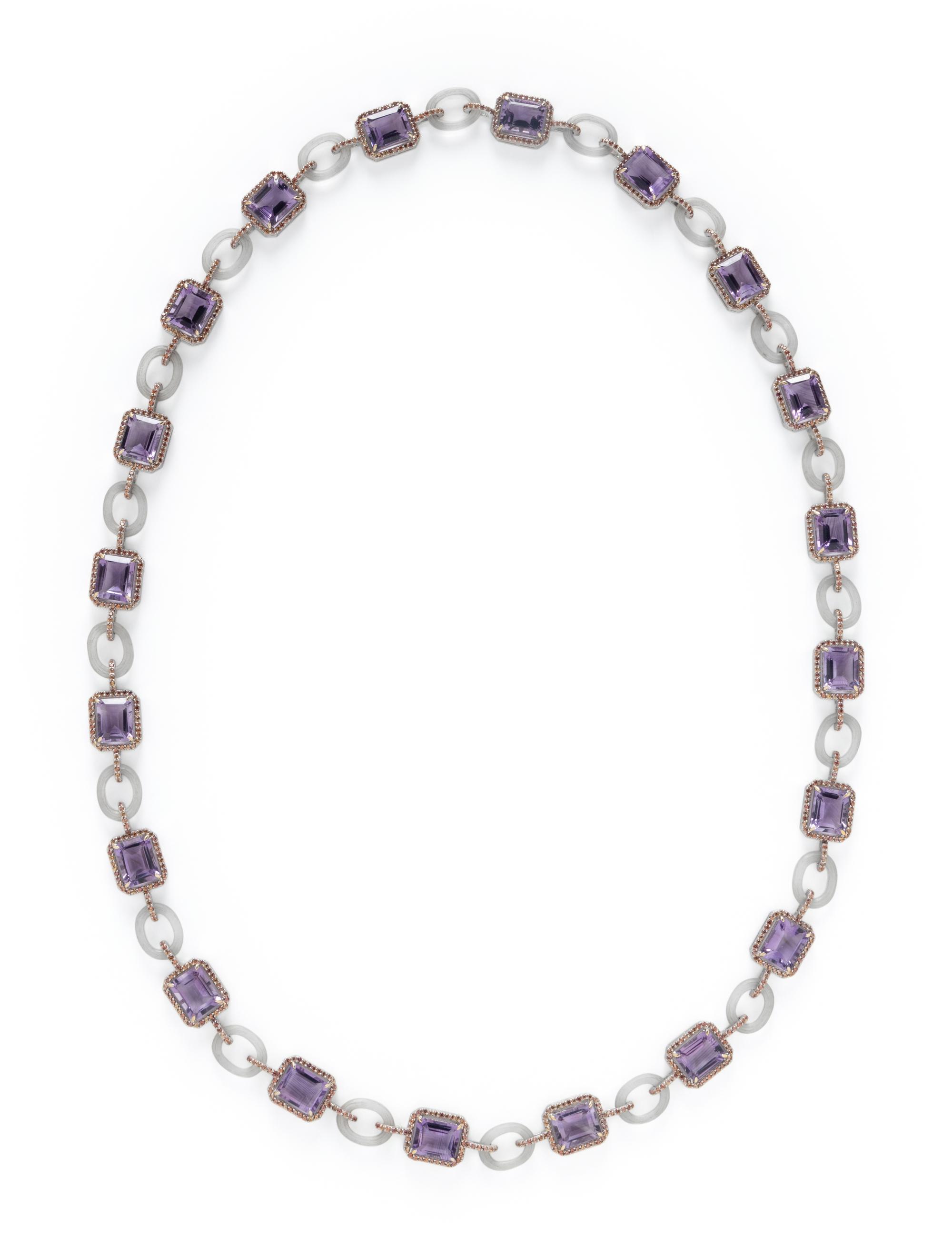 AMETHYST, ORANGE SAPPHIRE, AND ROCK CRYSTAL NECKLACE
