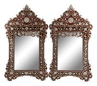 A Pair of Levantine Mother-of-Pearl and Abalone-Inlaid Carved Walnut Mirrors