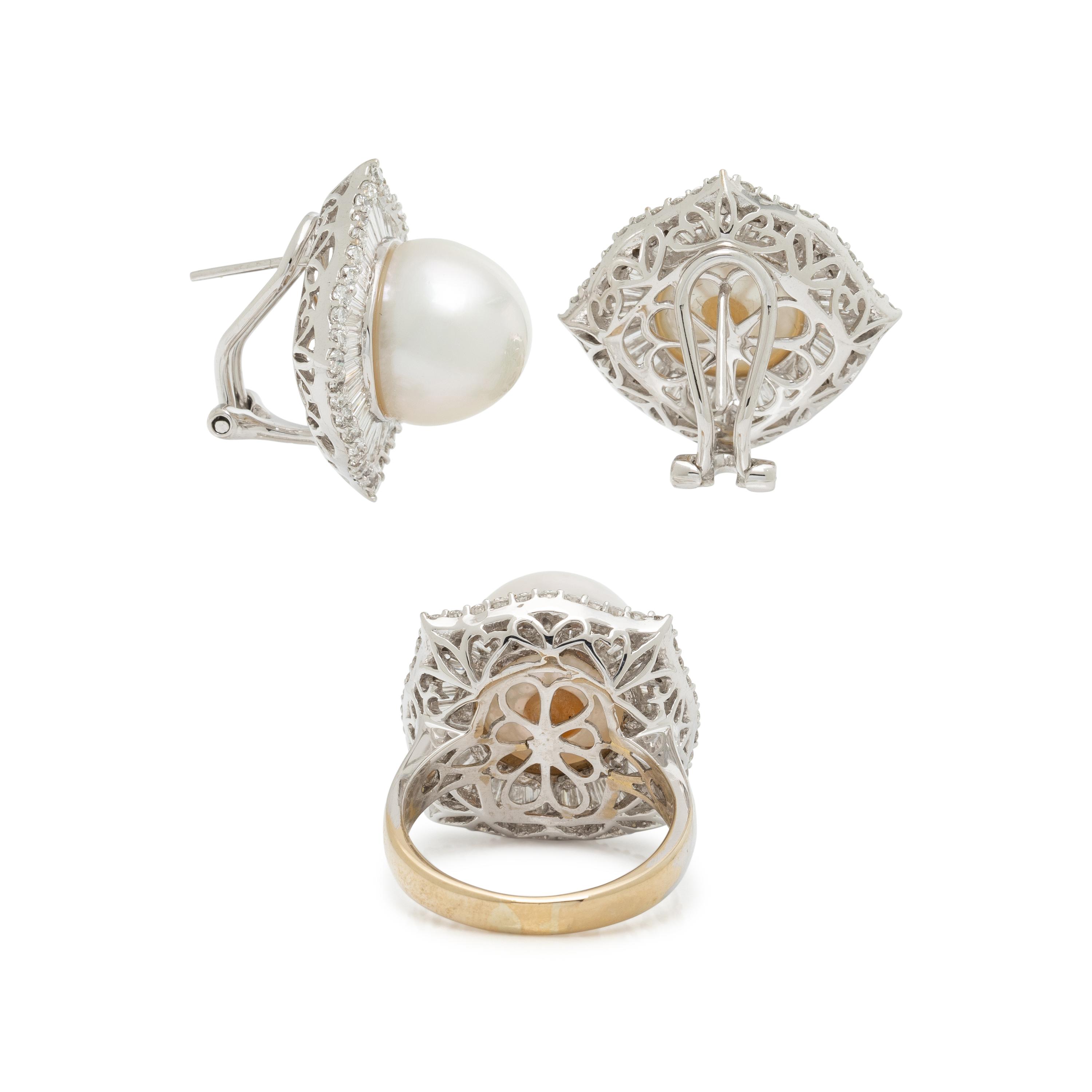 CULTURED PEARL, DIAMOND, AND WHITE GOLD EARRINGS AND RING