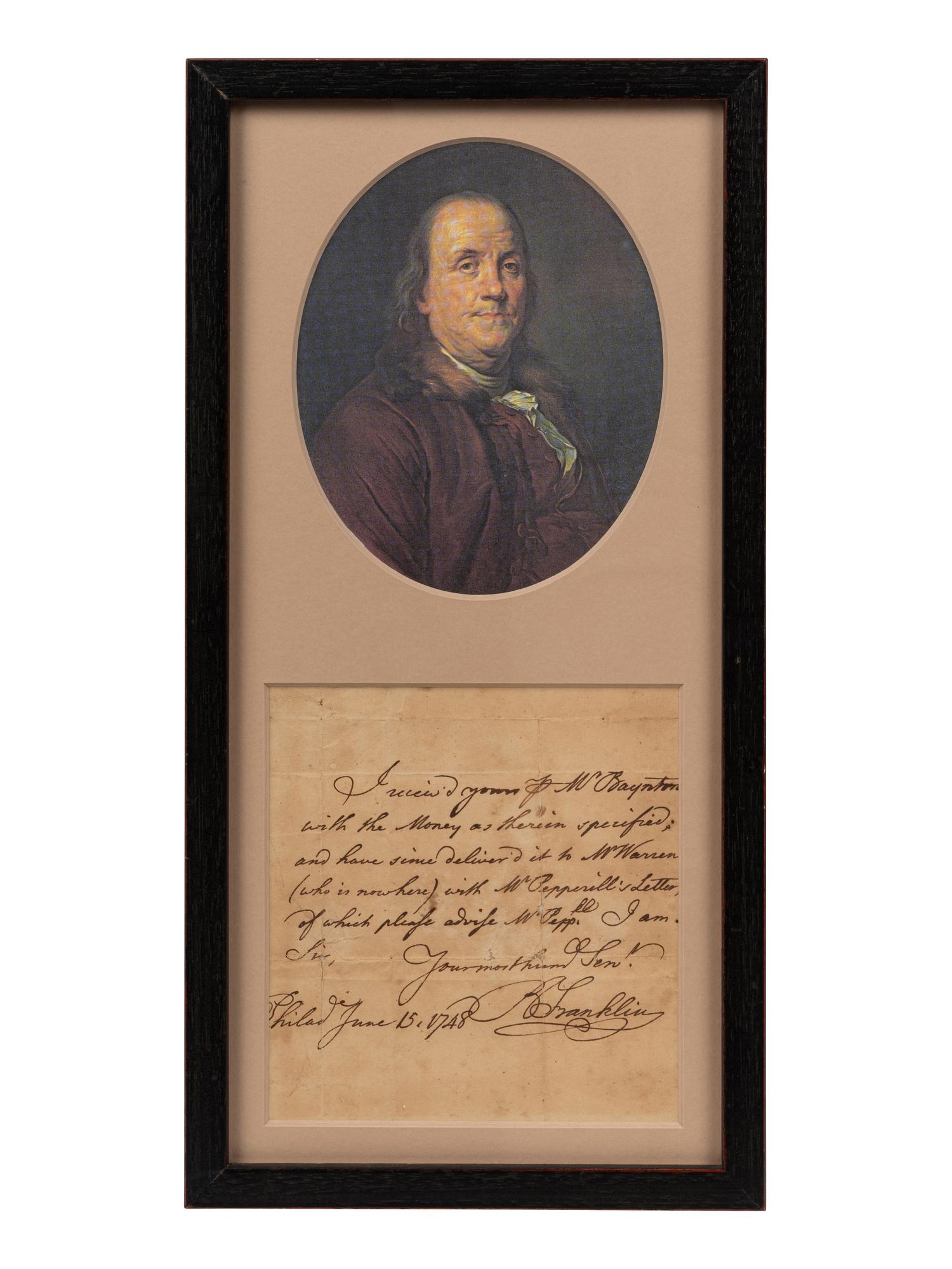 FRANKLIN, Benjamin (1706-1790). Autograph note signed ("B Franklin"), to Col. Nathaniel Sparhawk. Philadelphia, 15 June 1748.