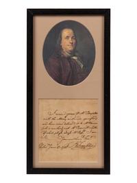 FRANKLIN, Benjamin (1706-1790). Autograph note signed ("B Franklin"), to Col. Nathaniel Sparhawk. Philadelphia, 15 June 1748.