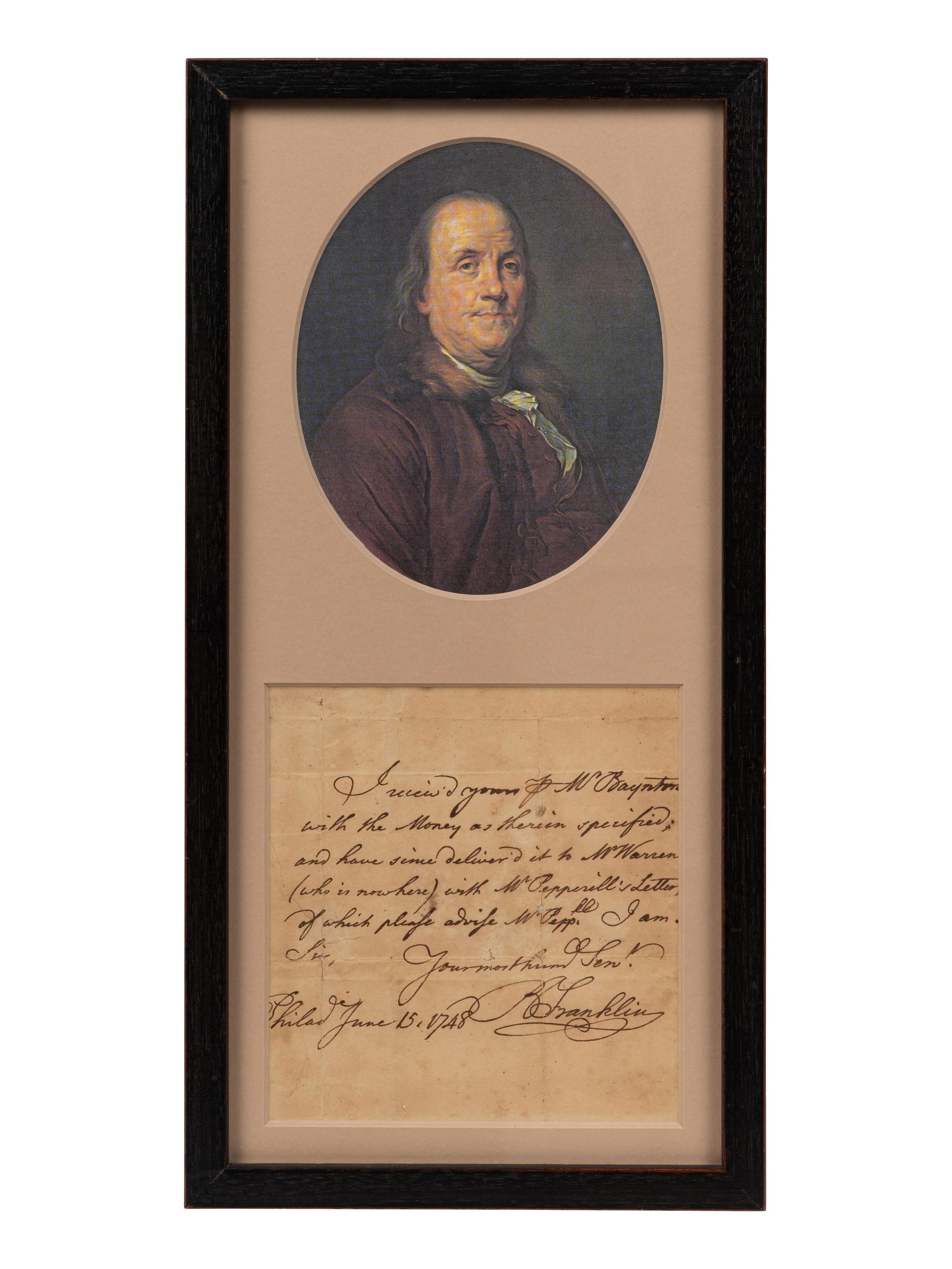 FRANKLIN, Benjamin (1706-1790). Autograph note signed ("B Franklin"), to Col. Nathaniel Sparhawk. Philadelphia, 15 June 1748.