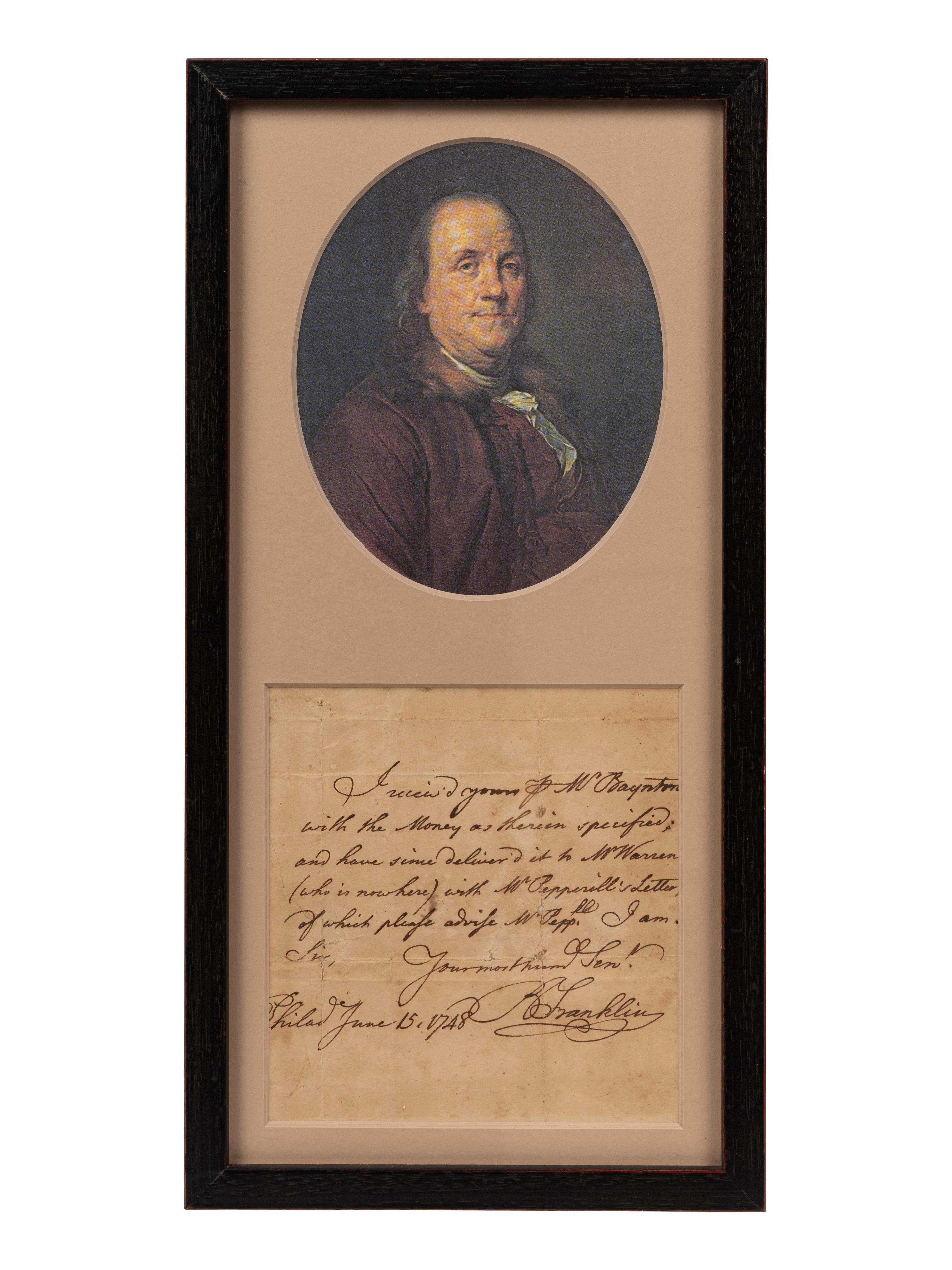 FRANKLIN, Benjamin (1706-1790). Autograph note signed ("B Franklin"), to Col. Nathaniel Sparhawk. Philadelphia, 15 June 1748.
