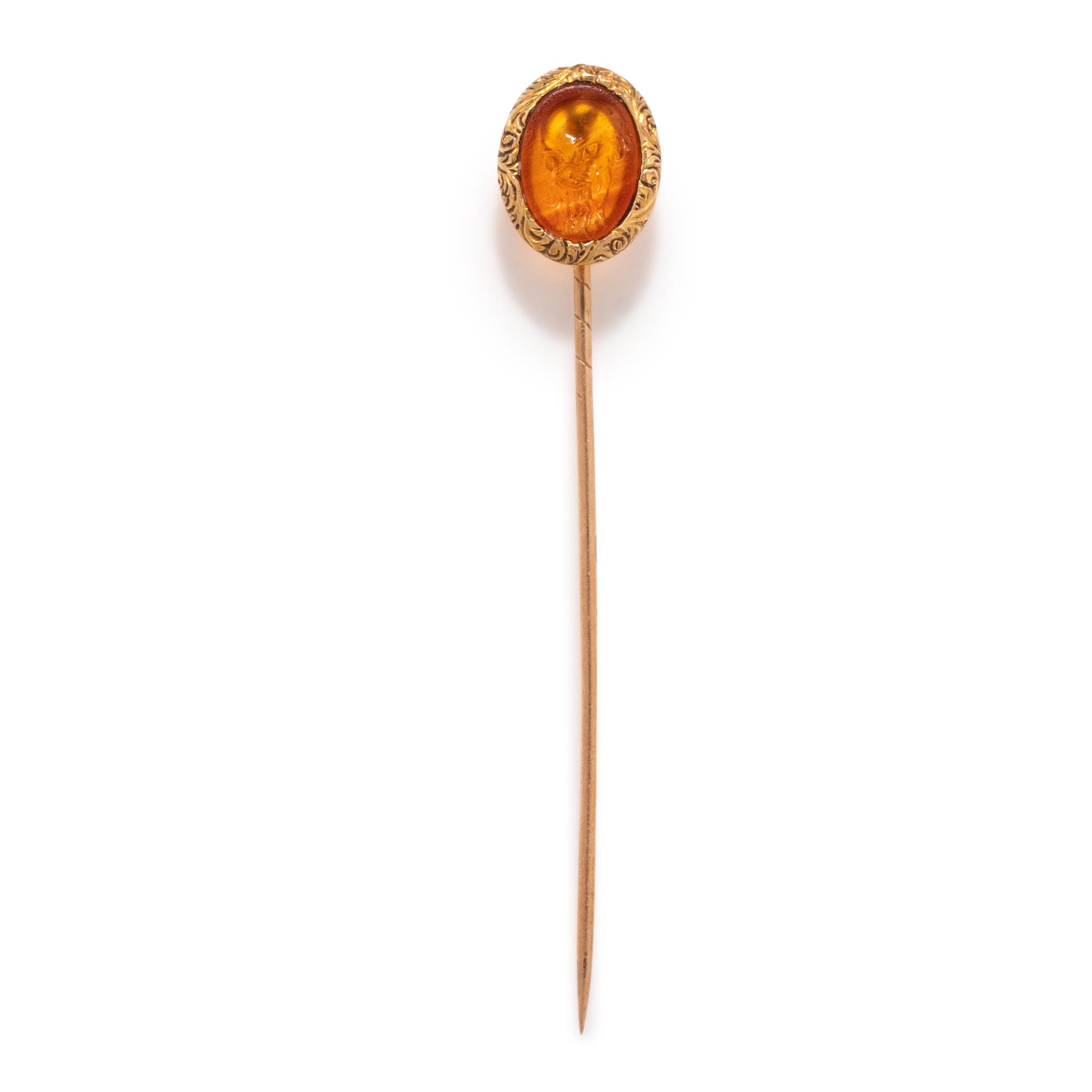 A Roman Carnelian Ring Stone with a Theater Mask — Set in a gold stickpin