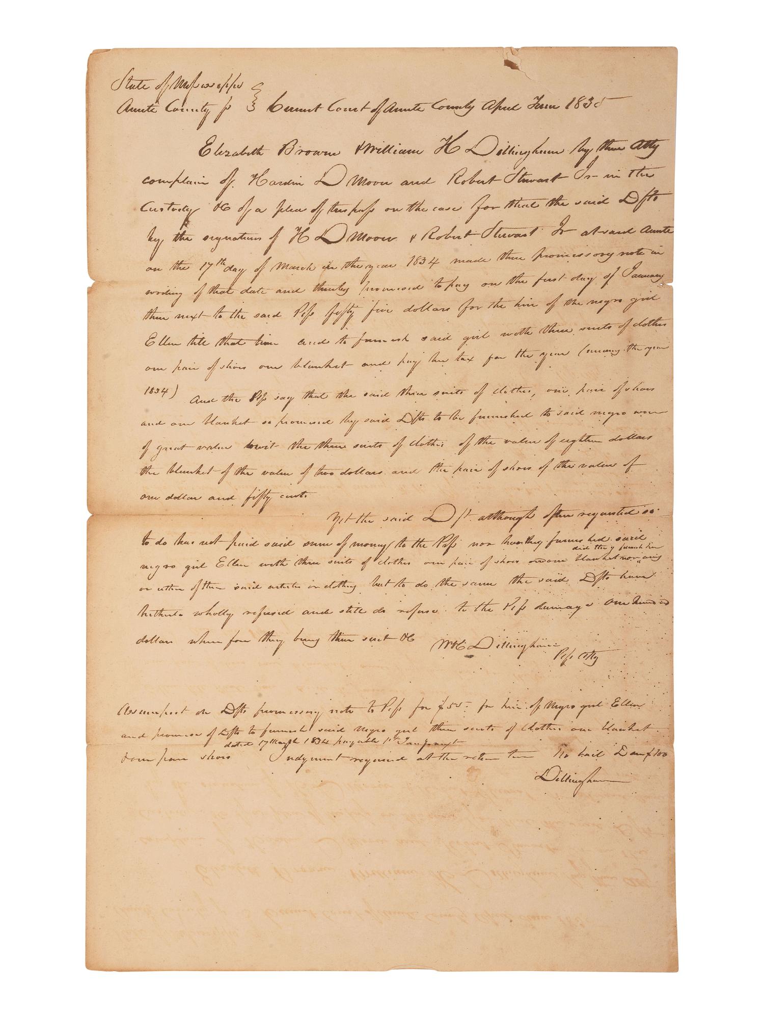 [ENSLAVEMENT & ABOLITION]. Manuscript legal complaint related to the hire of "the negro girl Ellen." Amite County, Mississippi. 4 April 1835.