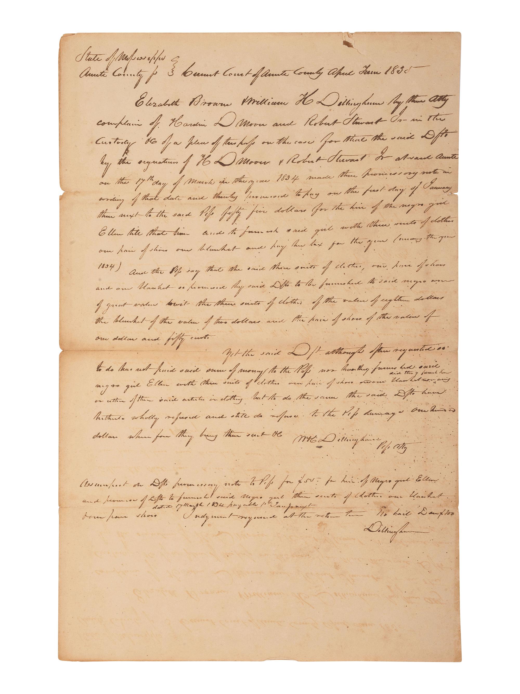 [ENSLAVEMENT & ABOLITION]. Manuscript legal complaint related to the hire of "the negro girl Ellen." Amite County, Mississippi. 4 April 1835.