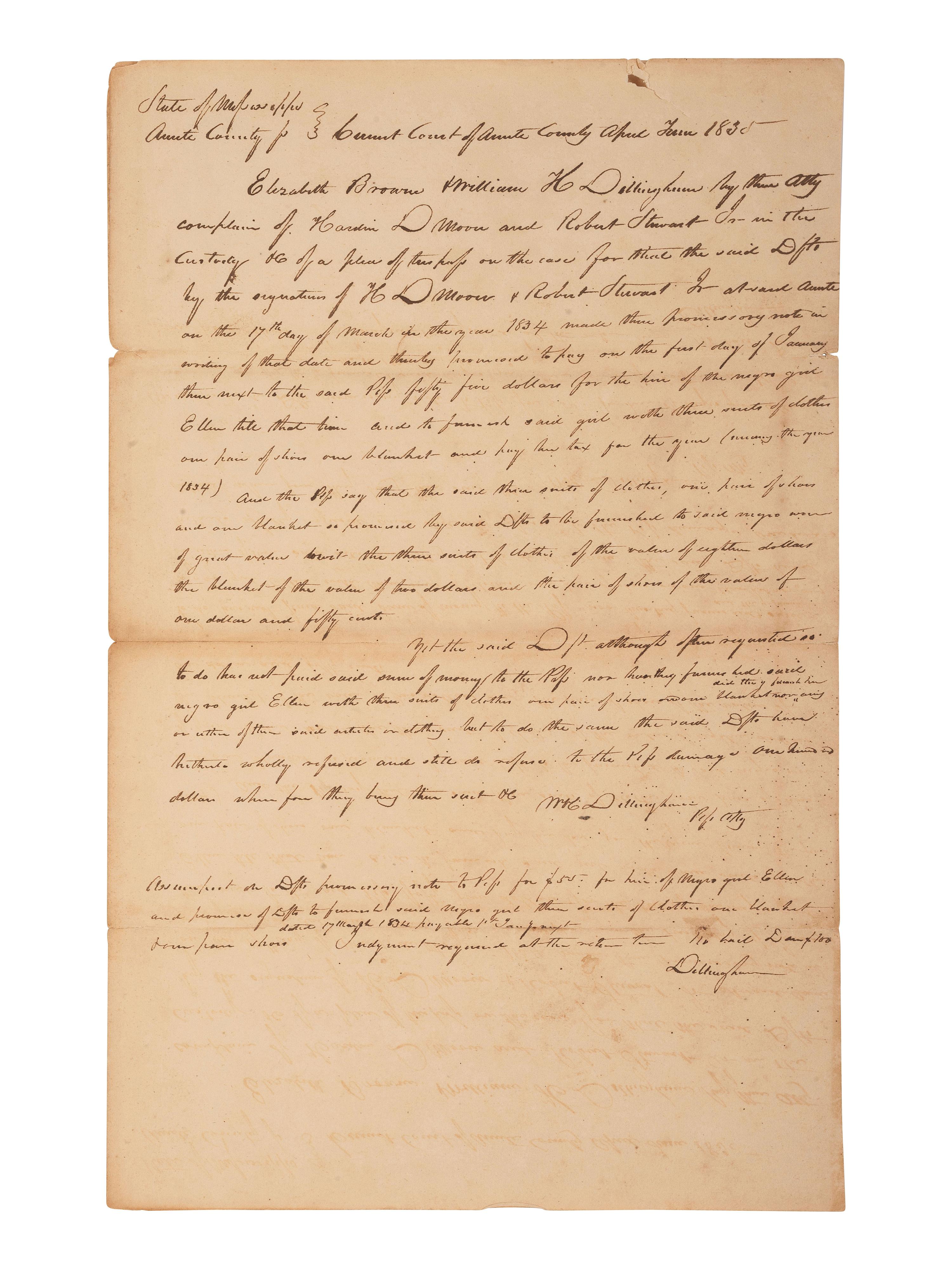 [ENSLAVEMENT & ABOLITION]. Manuscript legal complaint related to the hire of "the negro girl Ellen." Amite County, Mississippi. 4 April 1835.