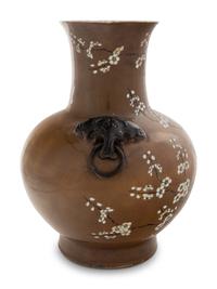 A Chinese Ochre Ground Grisalle Decorated Porcelain Zun Vase