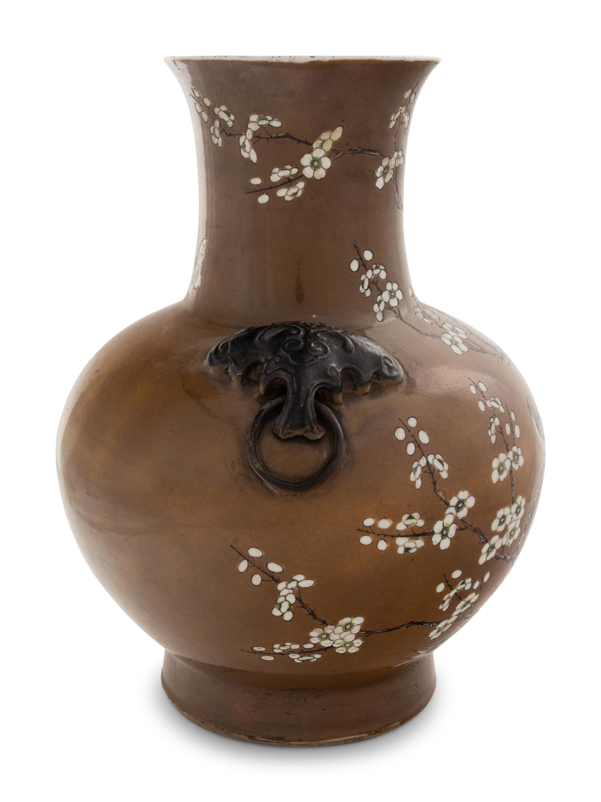A Chinese Ochre Ground Grisalle Decorated Porcelain Zun Vase