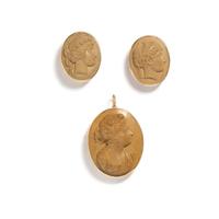 ANTIQUE, LAVA CAMEO BROOCH AND EARCLIPS