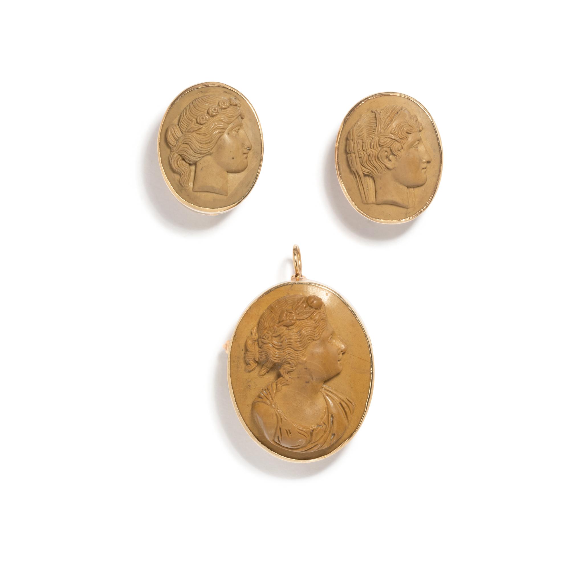 ANTIQUE, LAVA CAMEO BROOCH AND EARCLIPS