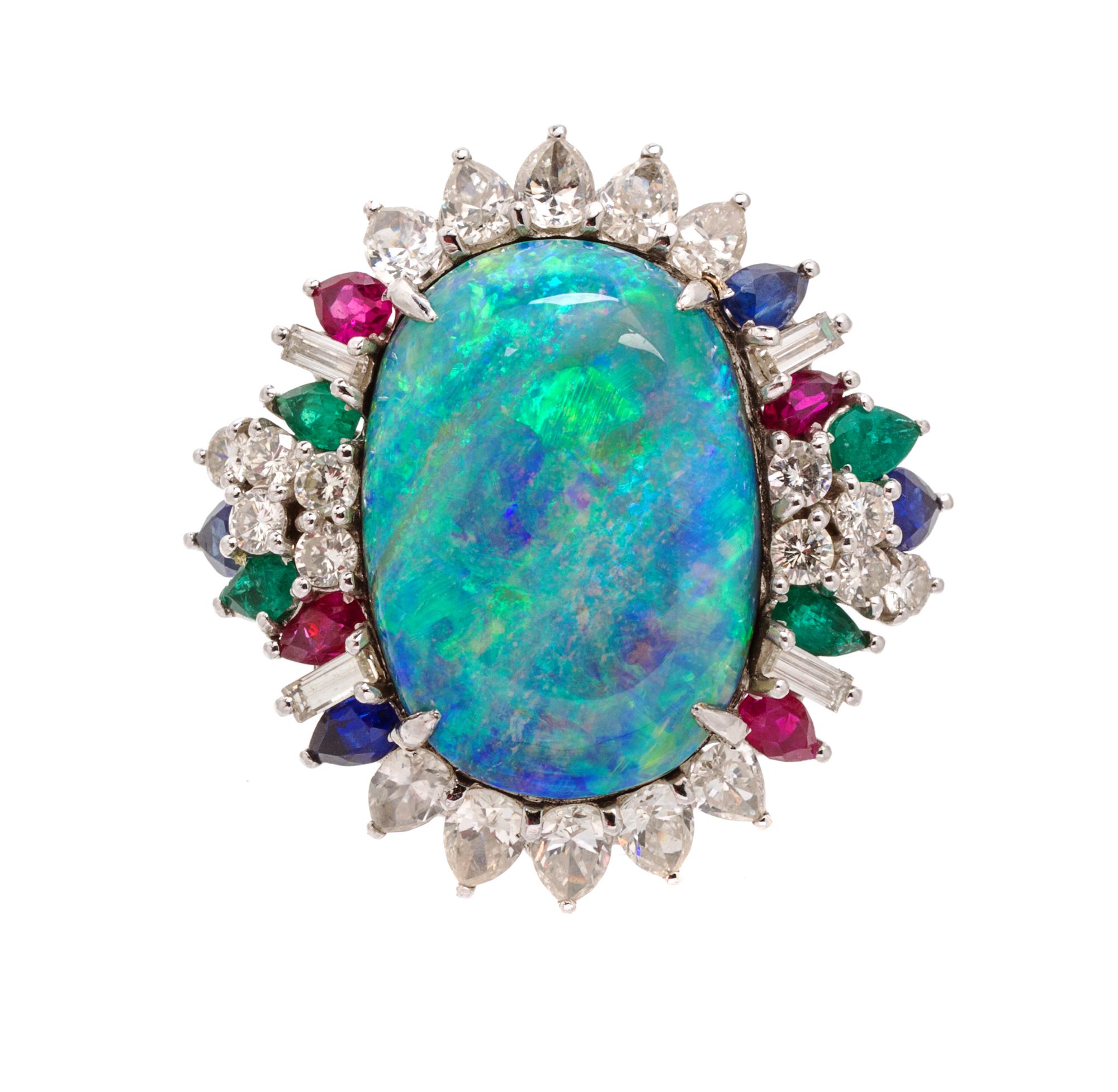 A Platinum, Boulder Opal, Diamond and Multi Gem Ring, 9.30 dwts.