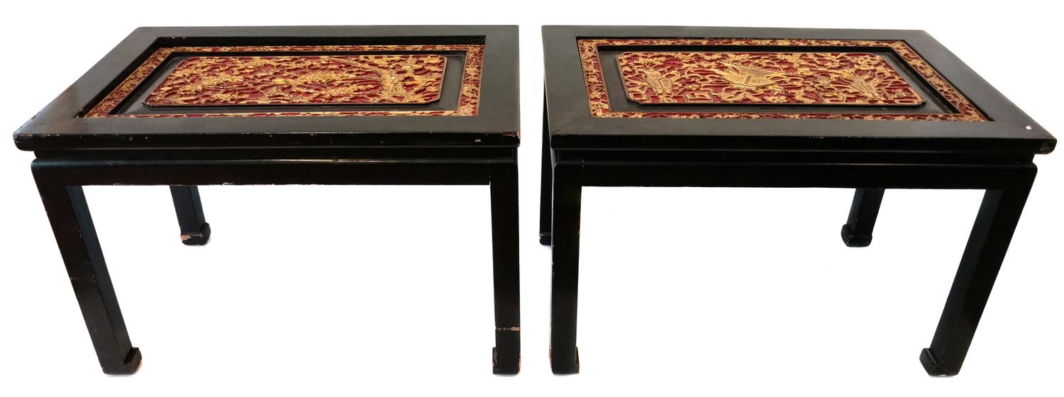 A Pair of Chinese Red and Gilt Lacquer Panel Ebonized Low Tables Height 17 1/2 x width 26 3/4 inches. — 20TH CENTURY