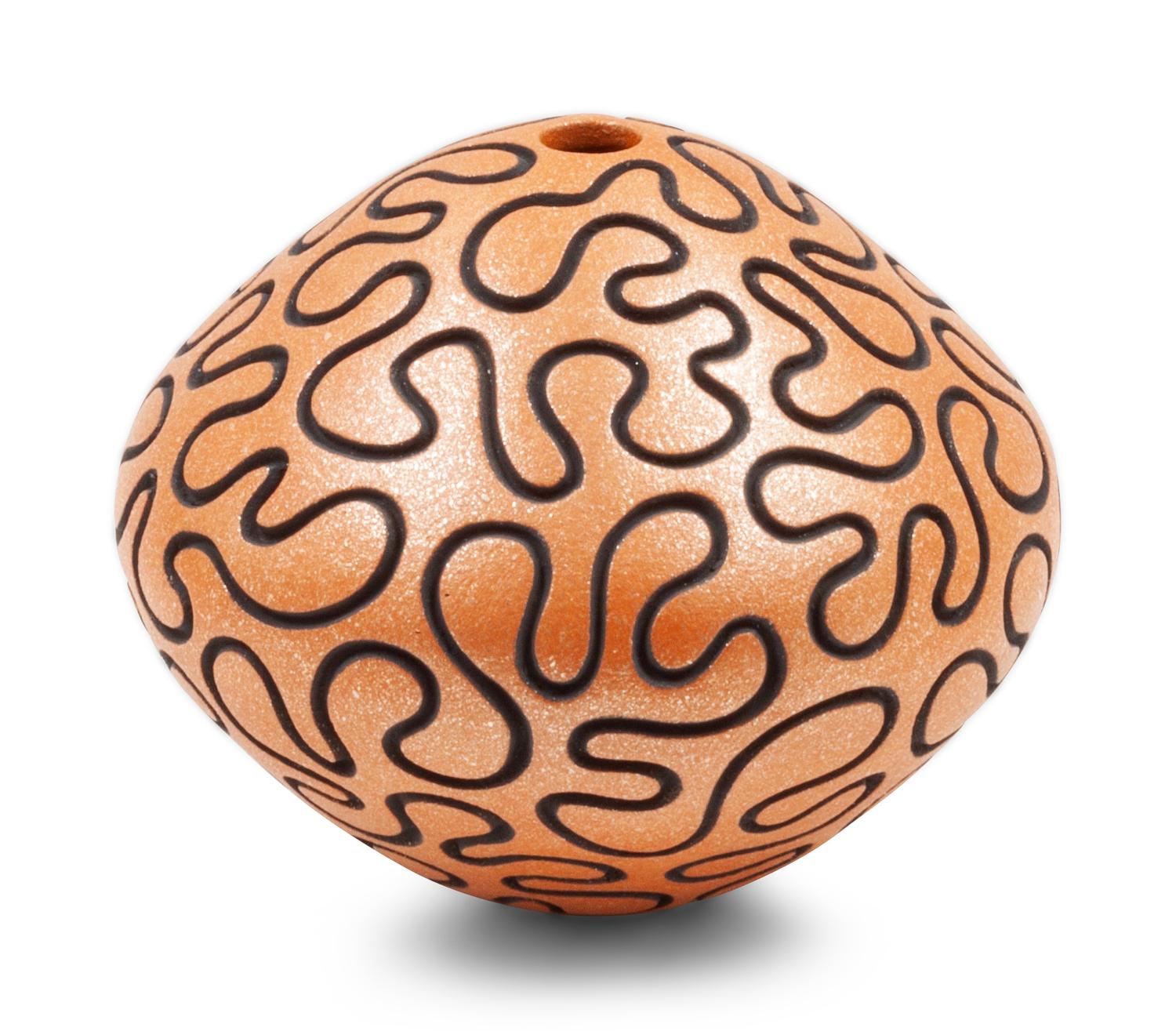 Seed Jar with Micaceous Finish, deeply carved with artist's puzzle design