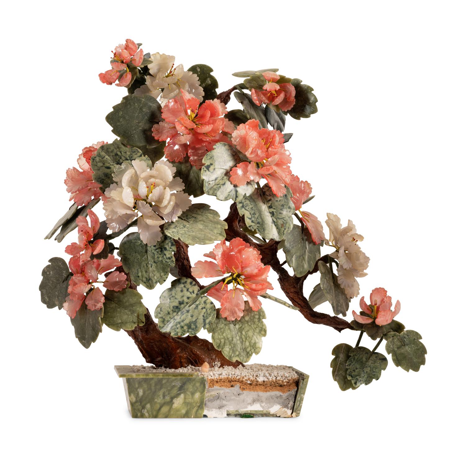APPROVED FOR DONATION - A Chinese Carved Hardstone Tree with White and Pink Peony Blossoms