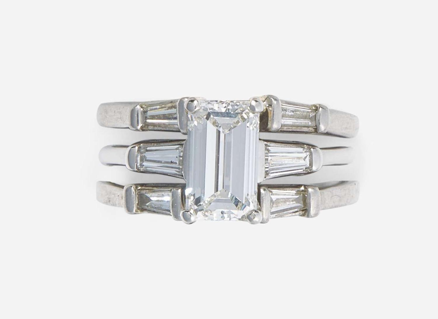 A Platinum and Diamond Ring with Ring Guards, 1.61 Carat Emerald-Cut Diamond, GIA Certified