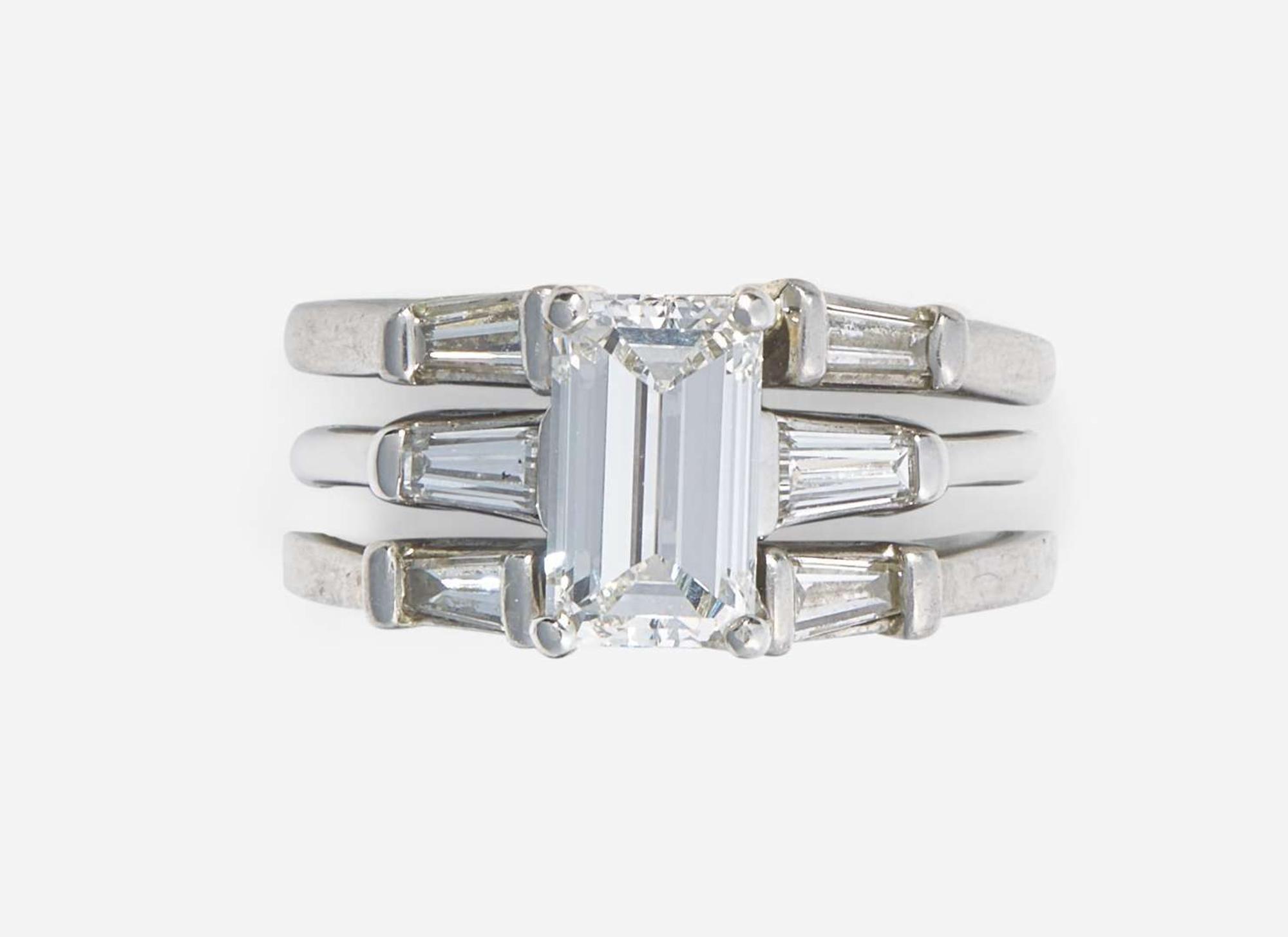 A Platinum and Diamond Ring with Ring Guards, 1.61 Carat Emerald-Cut Diamond, GIA Certified
