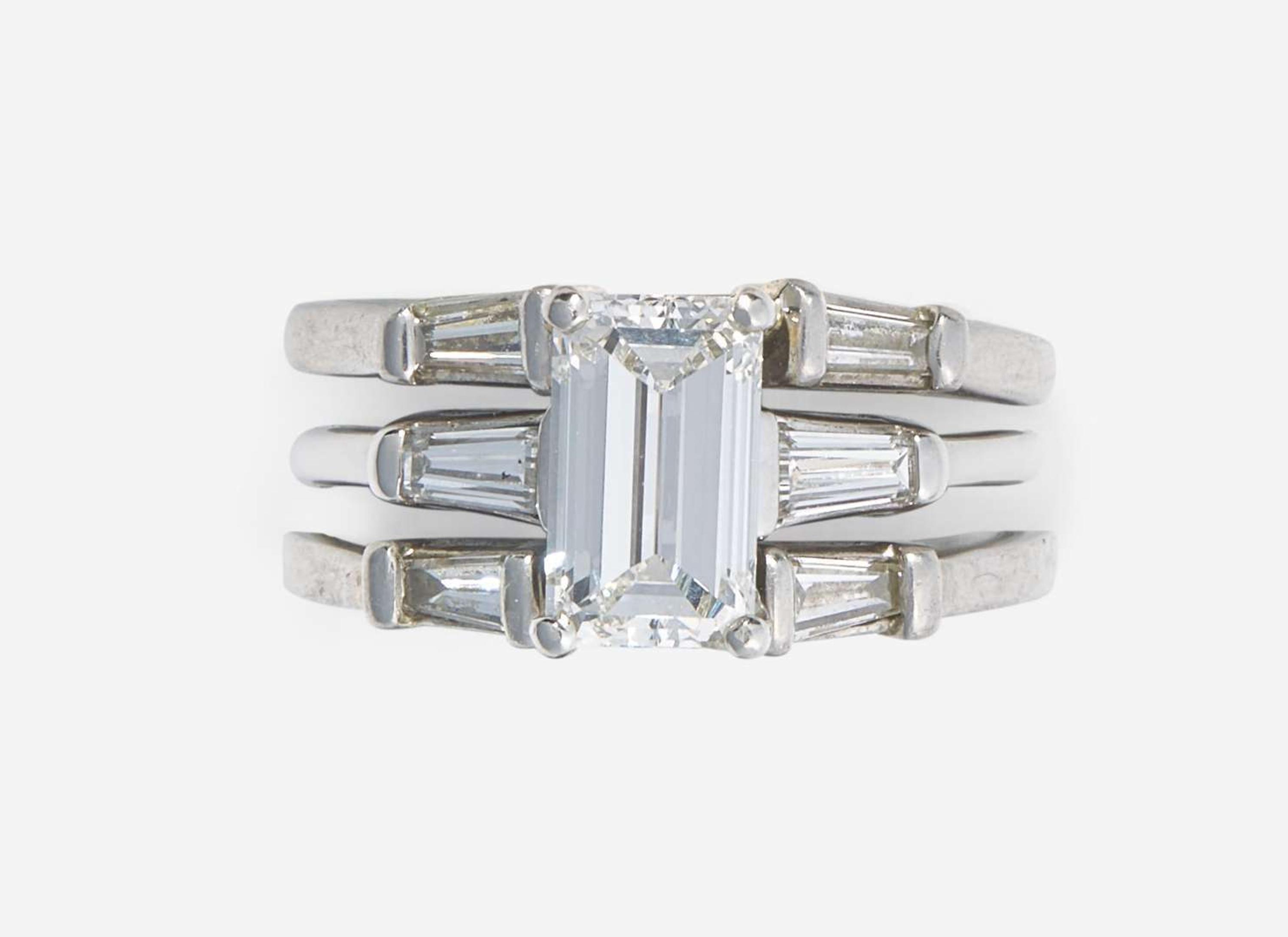 A Platinum and Diamond Ring with Ring Guards, 1.61 Carat Emerald-Cut Diamond, GIA Certified