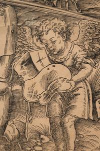 Saint George standing, with two angels
