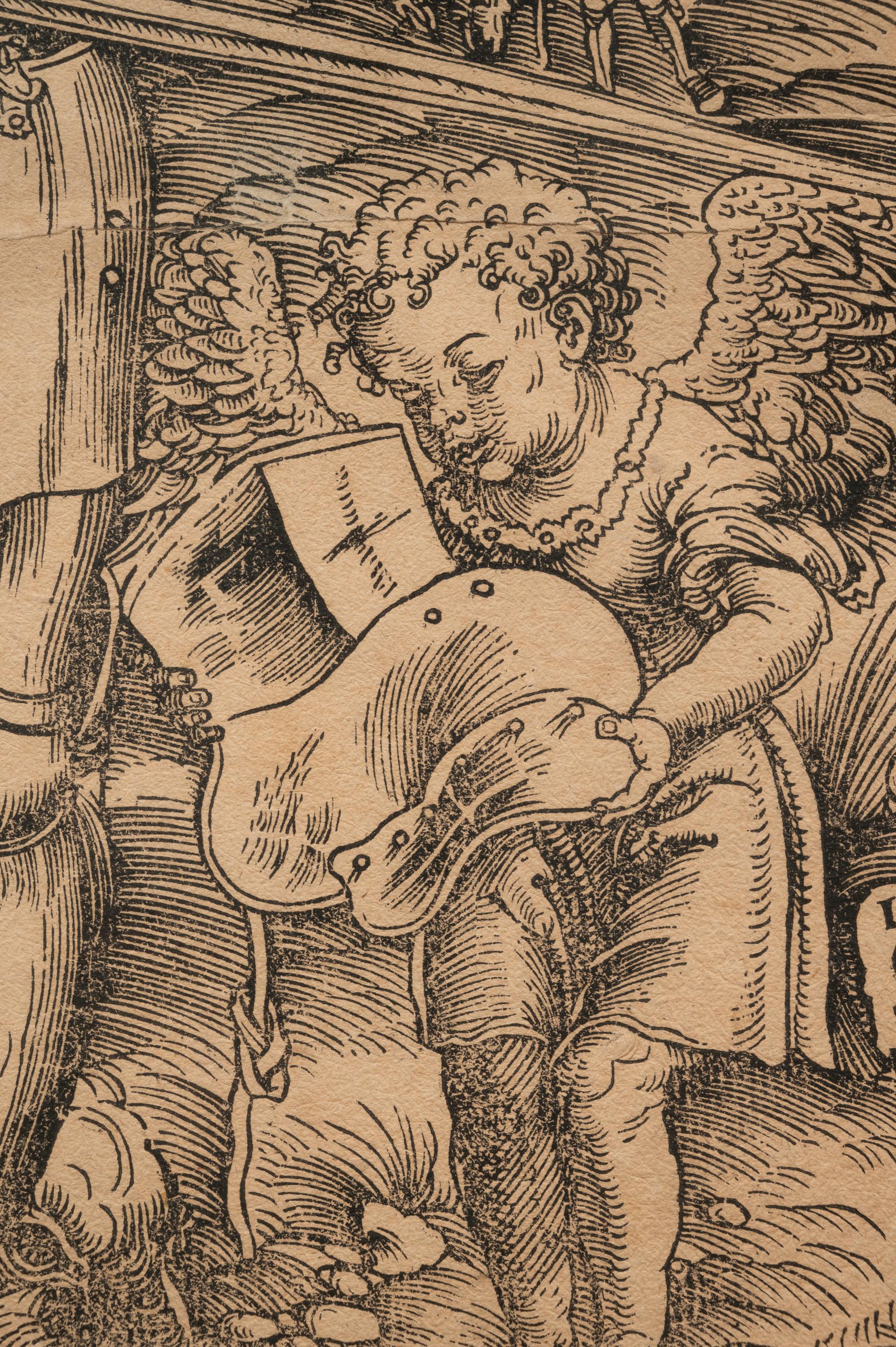 Saint George standing, with two angels
