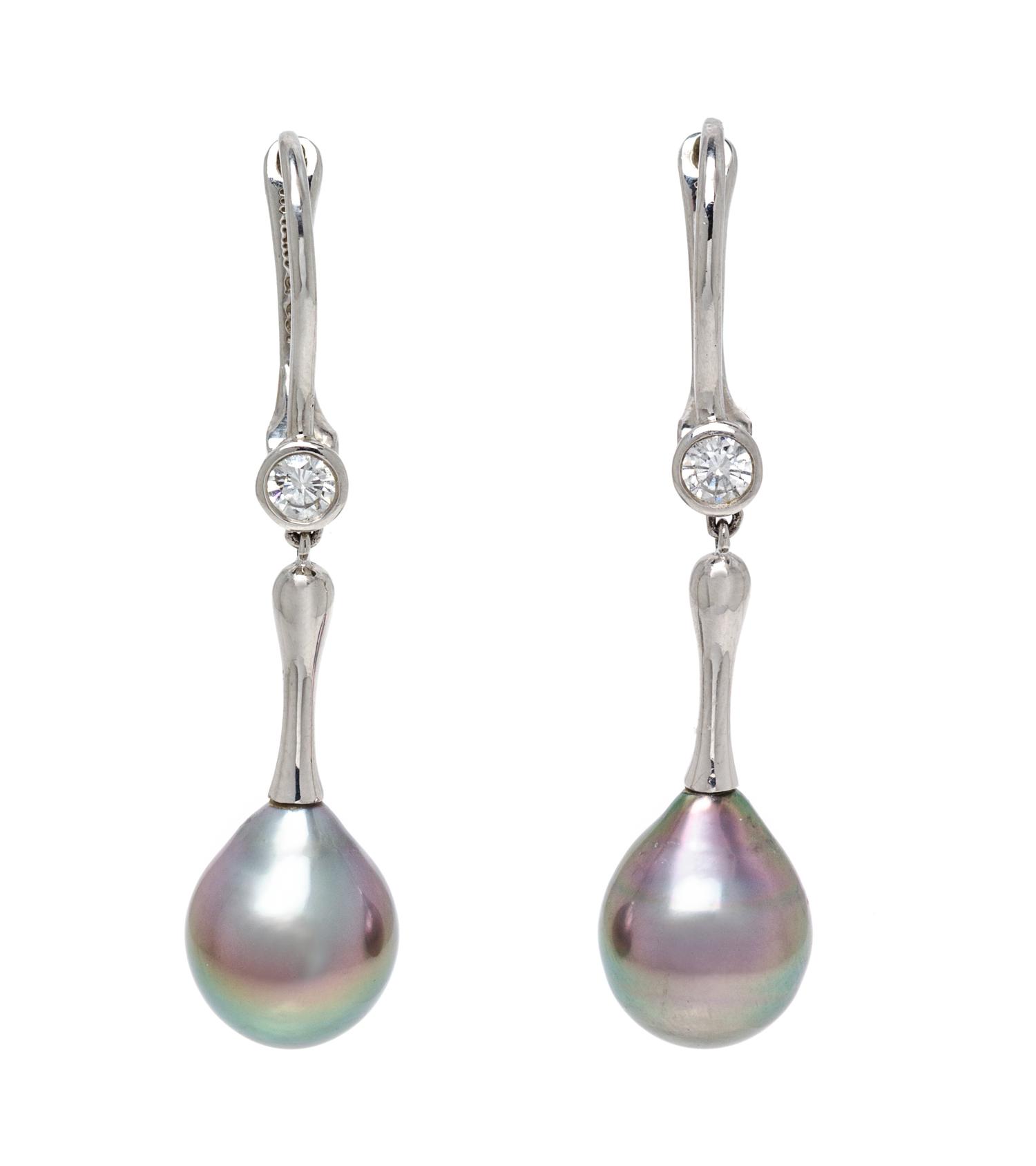 A Pair of Platinum, Cultured Tahitian Pearl and Diamond Pendant Earrings, Elsa Peretti for Tiffany & Co., 5.65 dwts.