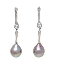 A Pair of Platinum, Cultured Tahitian Pearl and Diamond Pendant Earrings, Elsa Peretti for Tiffany & Co., 5.65 dwts.