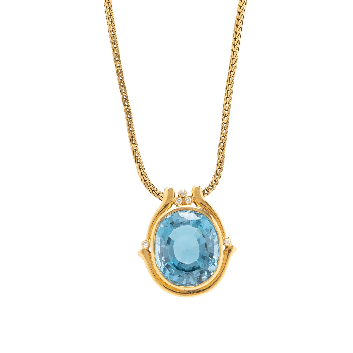 YELLOW GOLD, BLUE TOPAZ, AND DIAMOND PENDANT NECKLACE