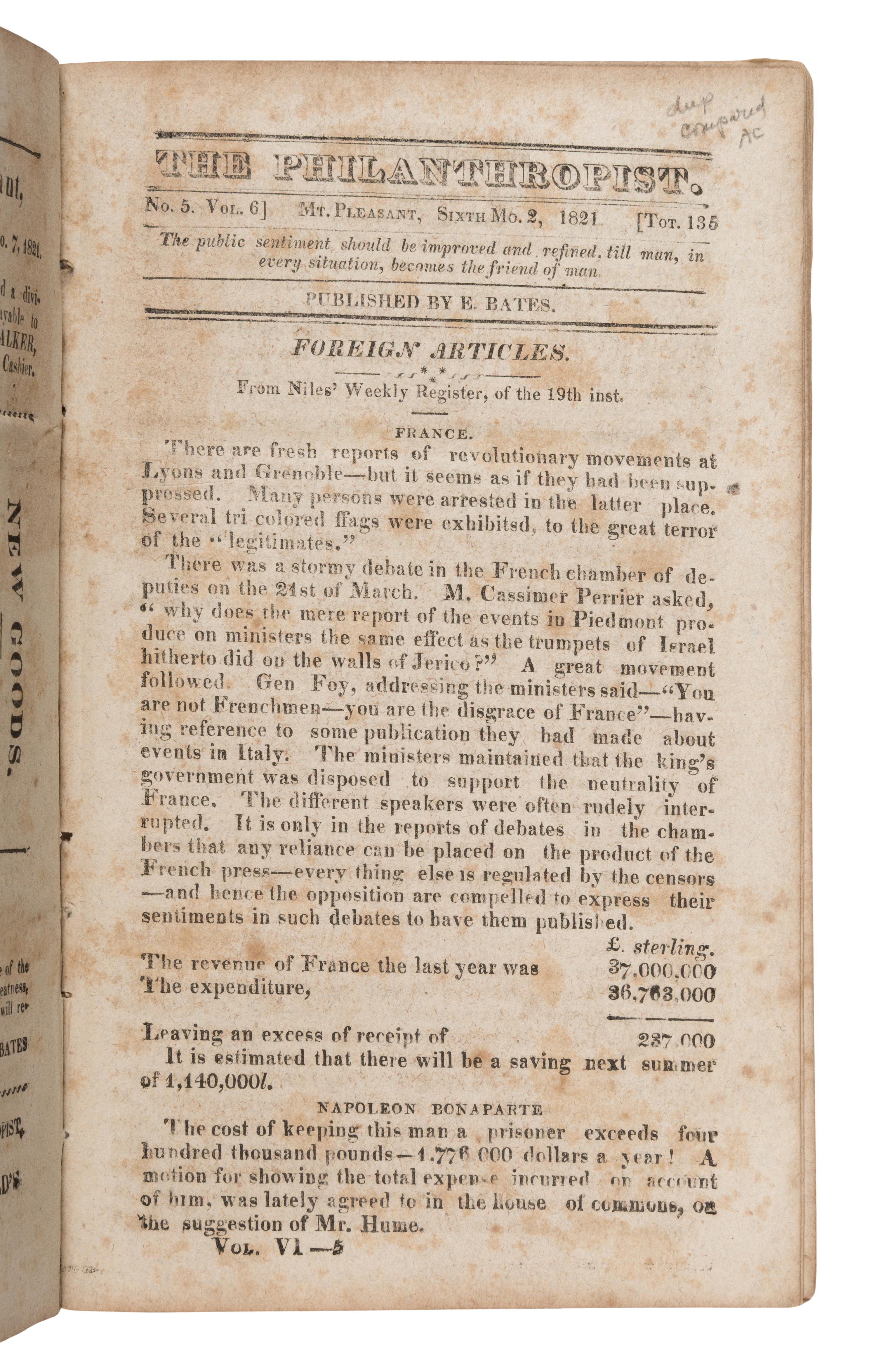 [Ohio - Quakers]. Bates, Elisha (1781-1861). The Philanthropist . Mount Pleasant, OH: 1820-1821.