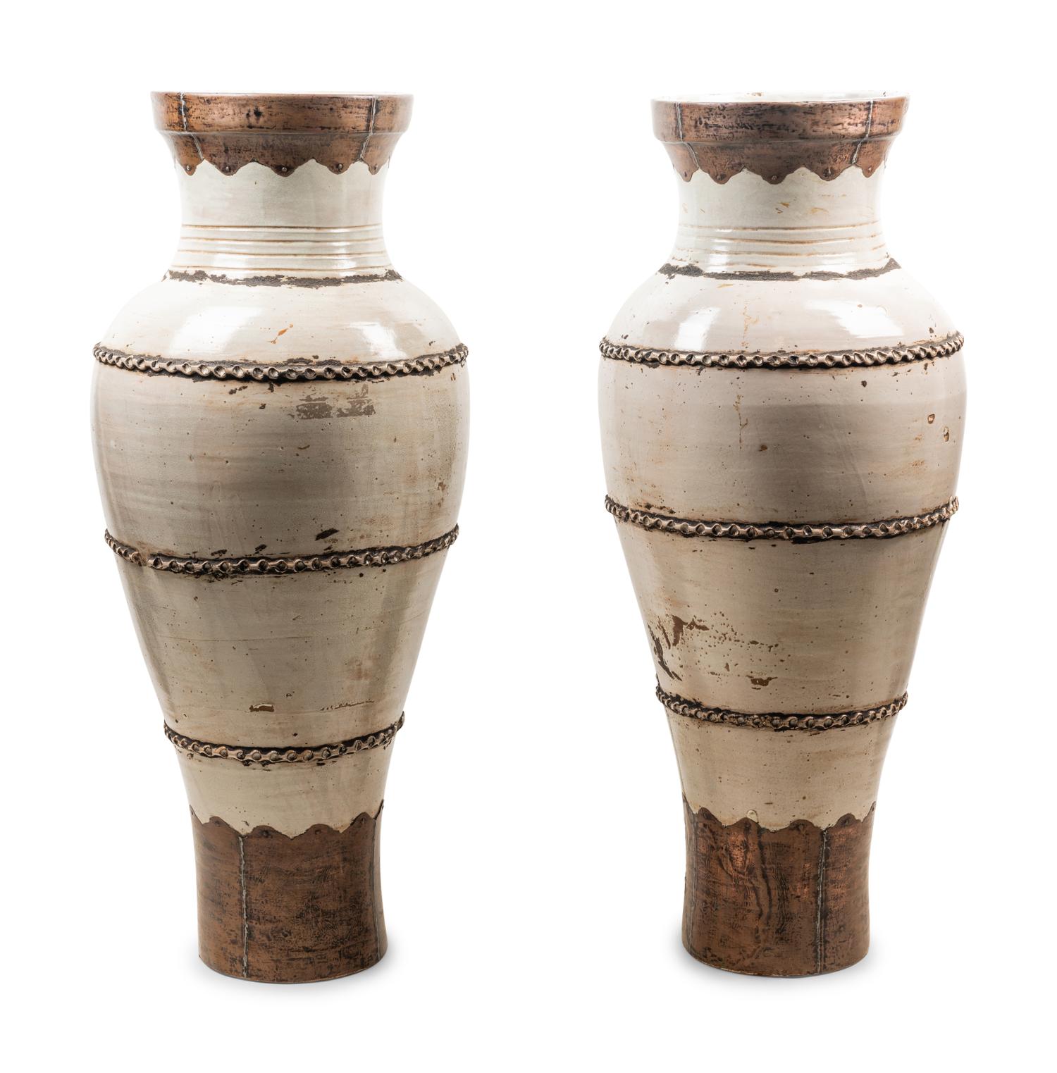 A Pair of Near Eastern Style Metal Mounted Glazed Terra Cotta Floor Vases