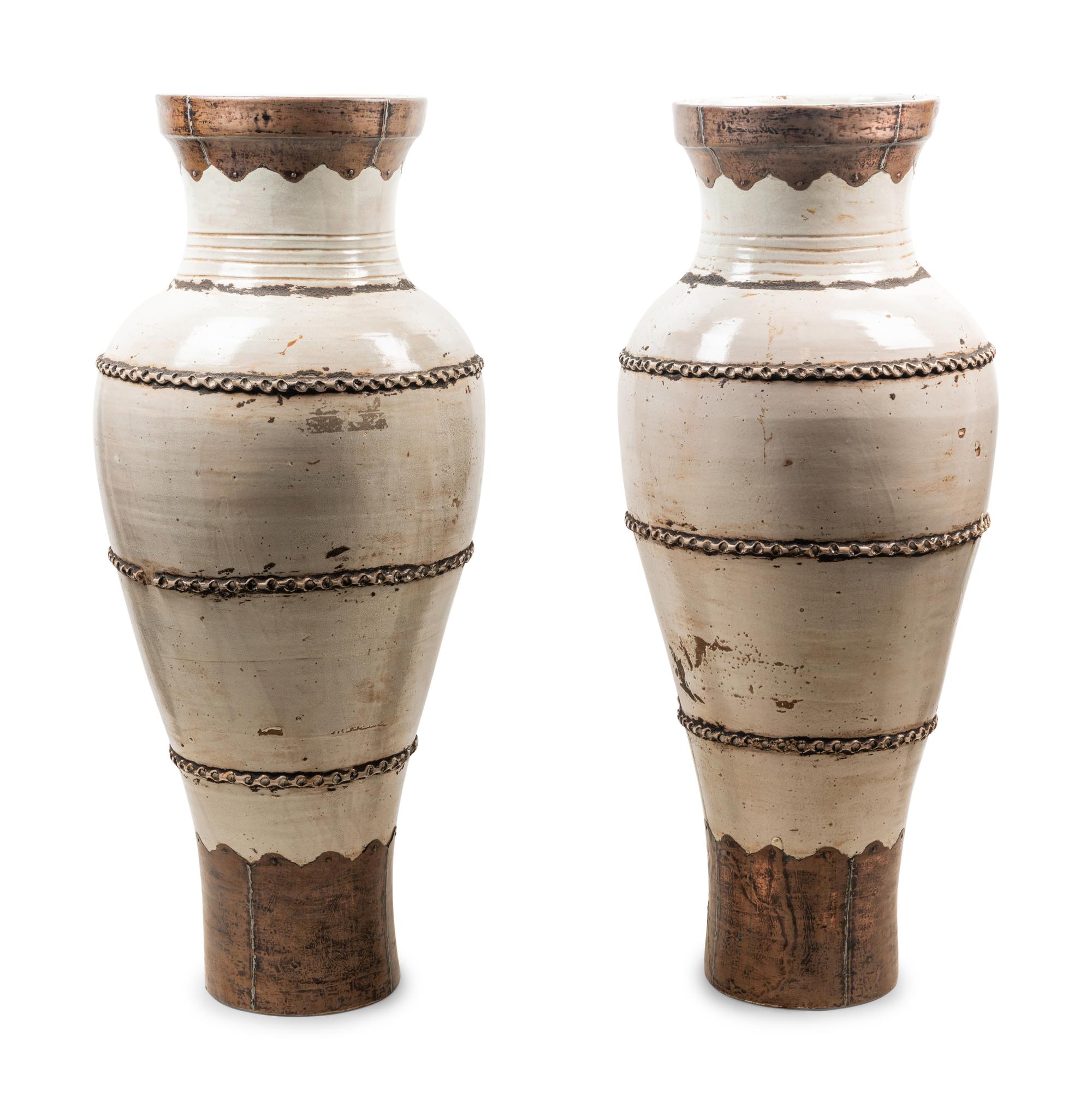 A Pair of Near Eastern Style Metal Mounted Glazed Terra Cotta Floor Vases