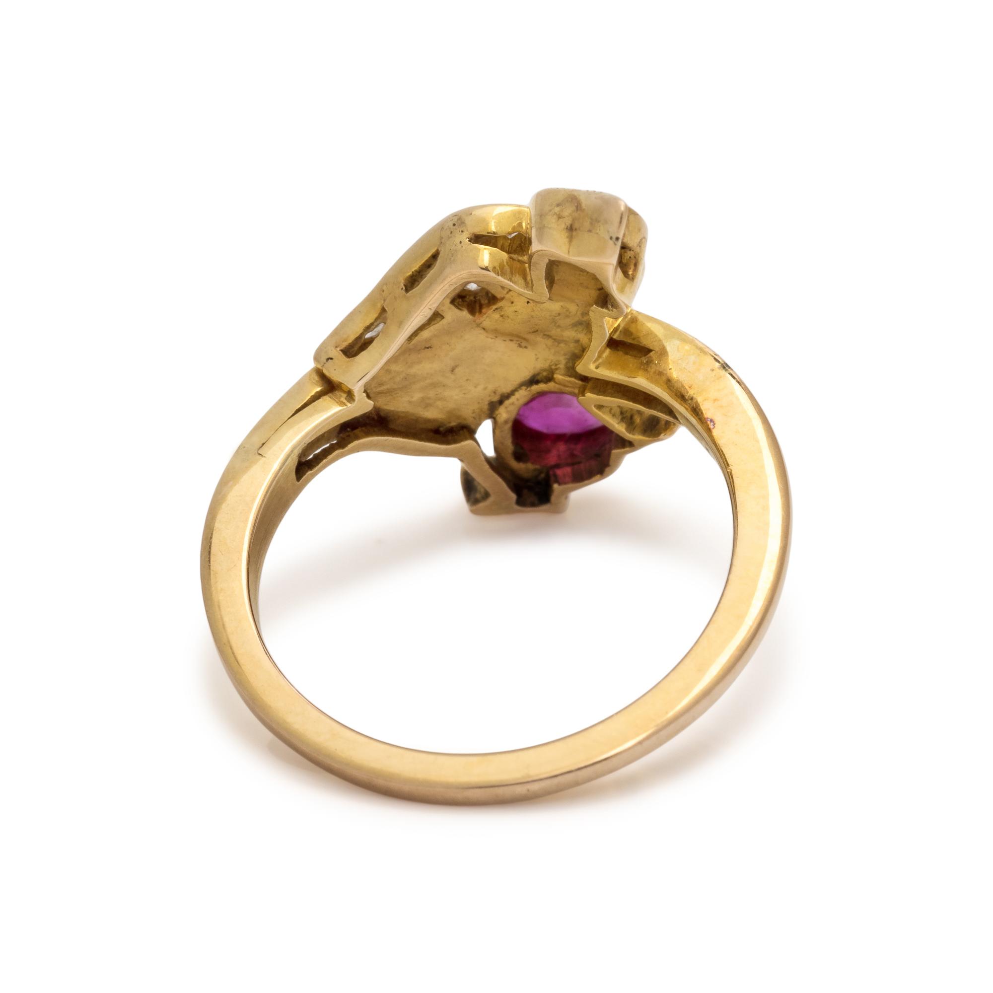 YELLOW GOLD, RUBY AND DIAMOND BIRD RING