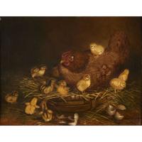 Ben Austrian (1870-1921) Eleven Chicks and Hen