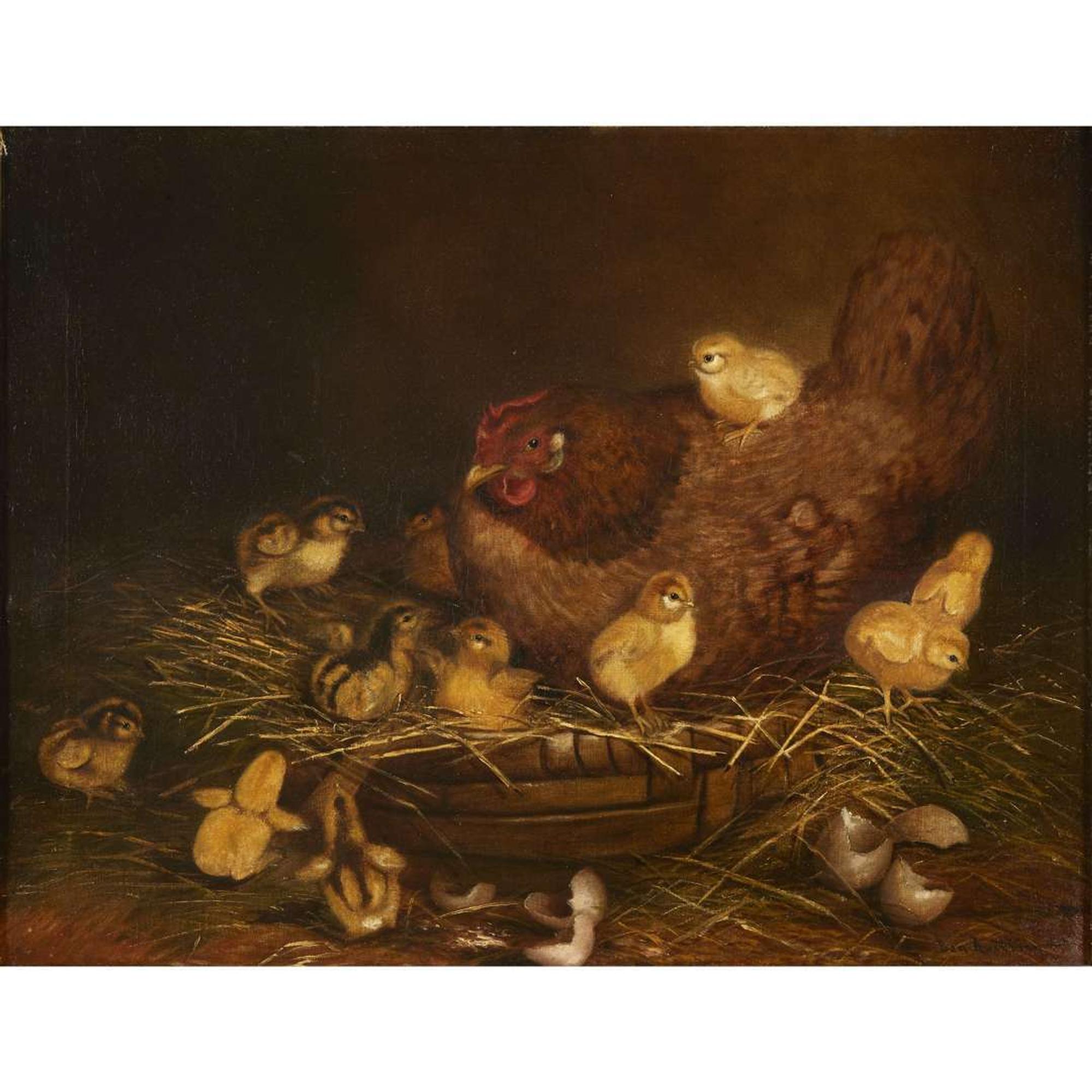 Ben Austrian (1870-1921) Eleven Chicks and Hen