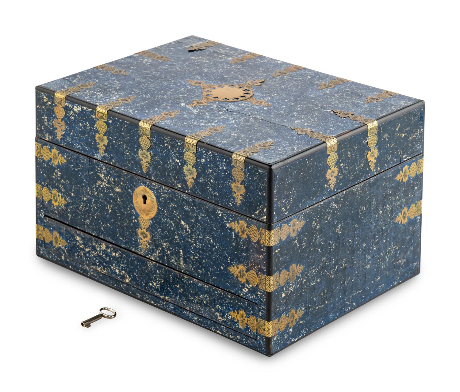 An English Faux Lapis Lazuli Brass Mounted Jewelry Casket