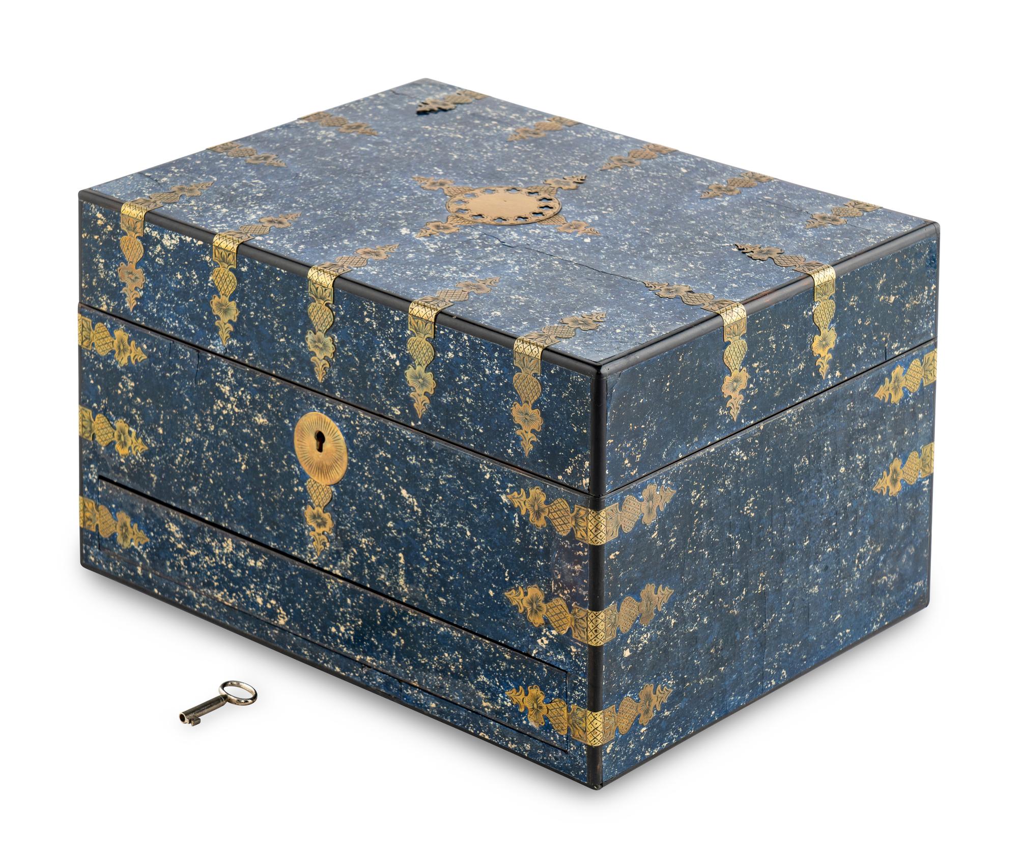 An English Faux Lapis Lazuli Brass Mounted Jewelry Casket