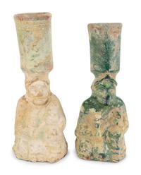 Two Chinese Glazed Terracotta Figural Lampstands — EASTERN HAN DYNASTY