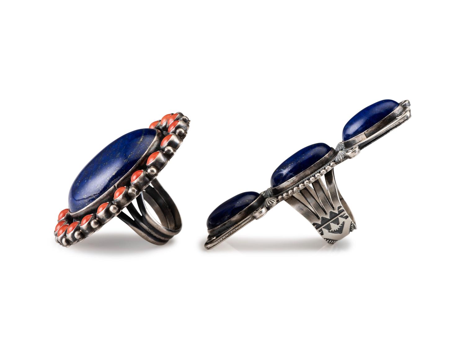 Large Sterling Silver and Lapis Ring, PLUS Sterling Silver, Coral, and Lapis Cluster Ring