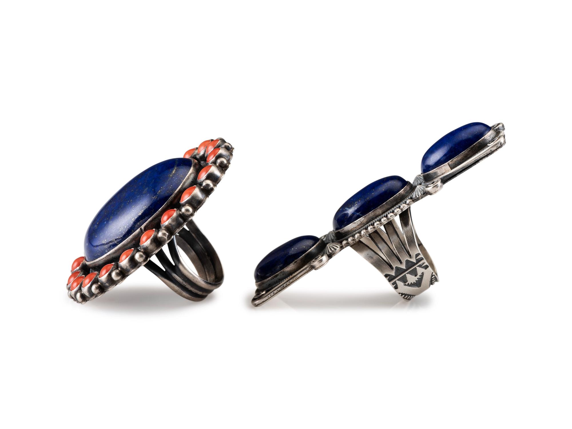 Large Sterling Silver and Lapis Ring, PLUS Sterling Silver, Coral, and Lapis Cluster Ring