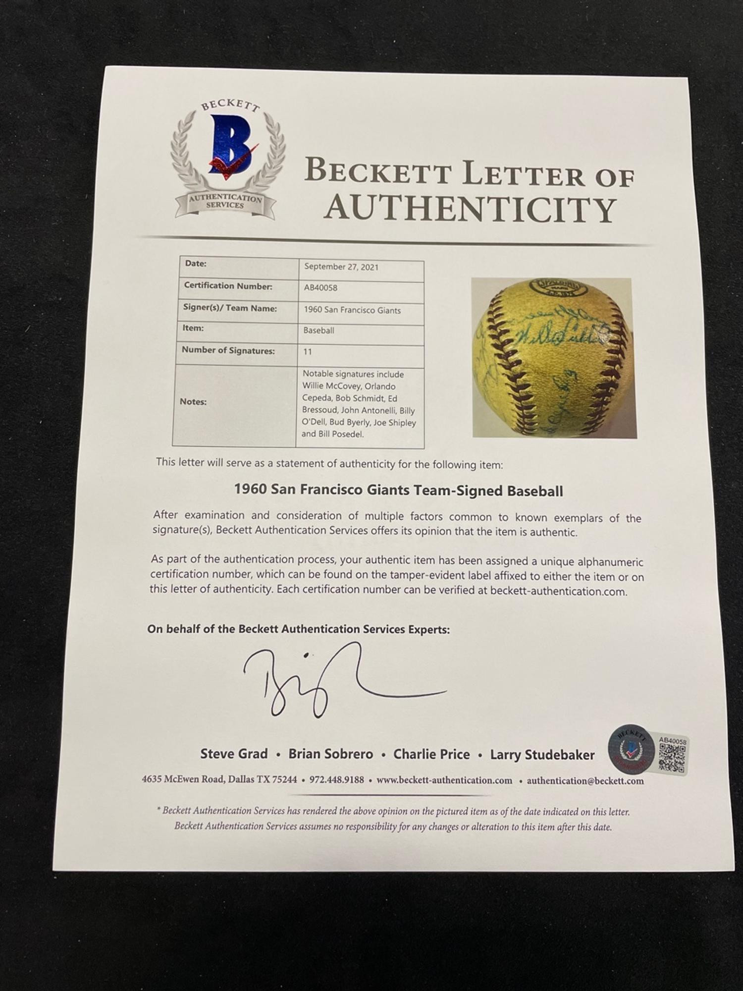 A 1950 New York Giants Team Signed Baseball Including Monte Irvin and A 1960 San Francisco Giants Team Signed Mini Baseball Including Orlando Cepeda and Willie McCovey (BAS Beckett Authentication Services Certified)
