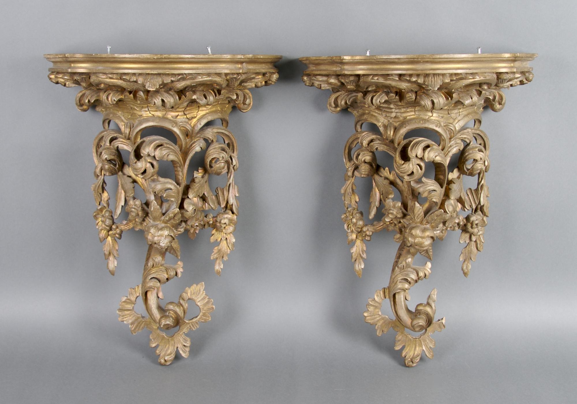 A Pair of Rococo Style Giltwood Brackets, Height 17 inches.