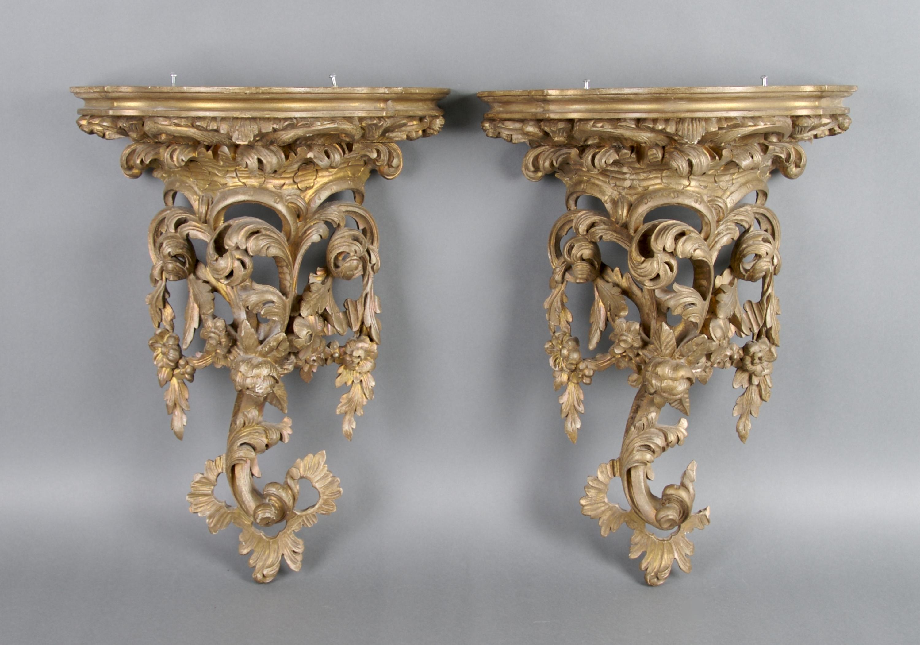 A Pair of Rococo Style Giltwood Brackets, Height 17 inches.