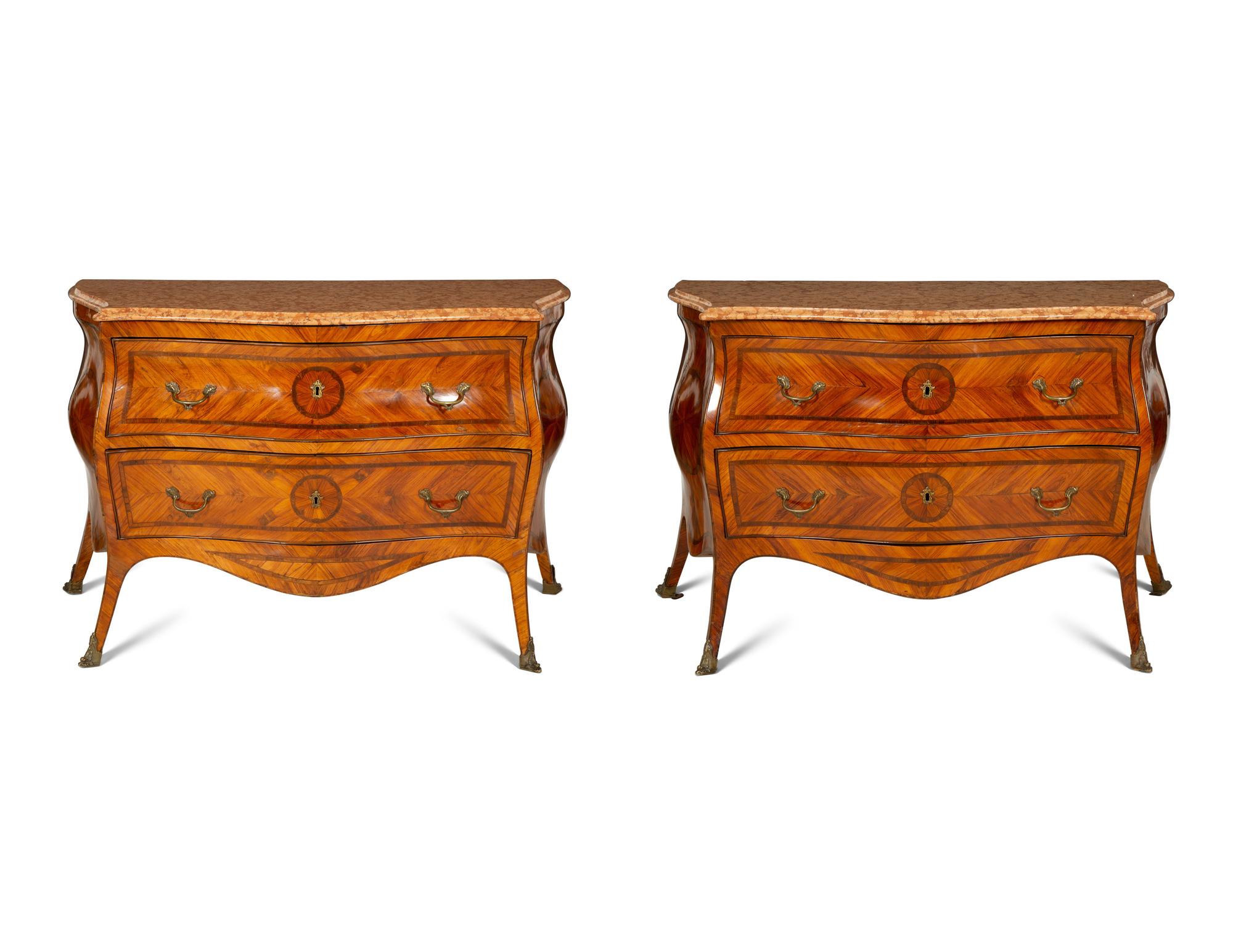 A Pair of Italian Bois de Rose Marble-Top Commodes