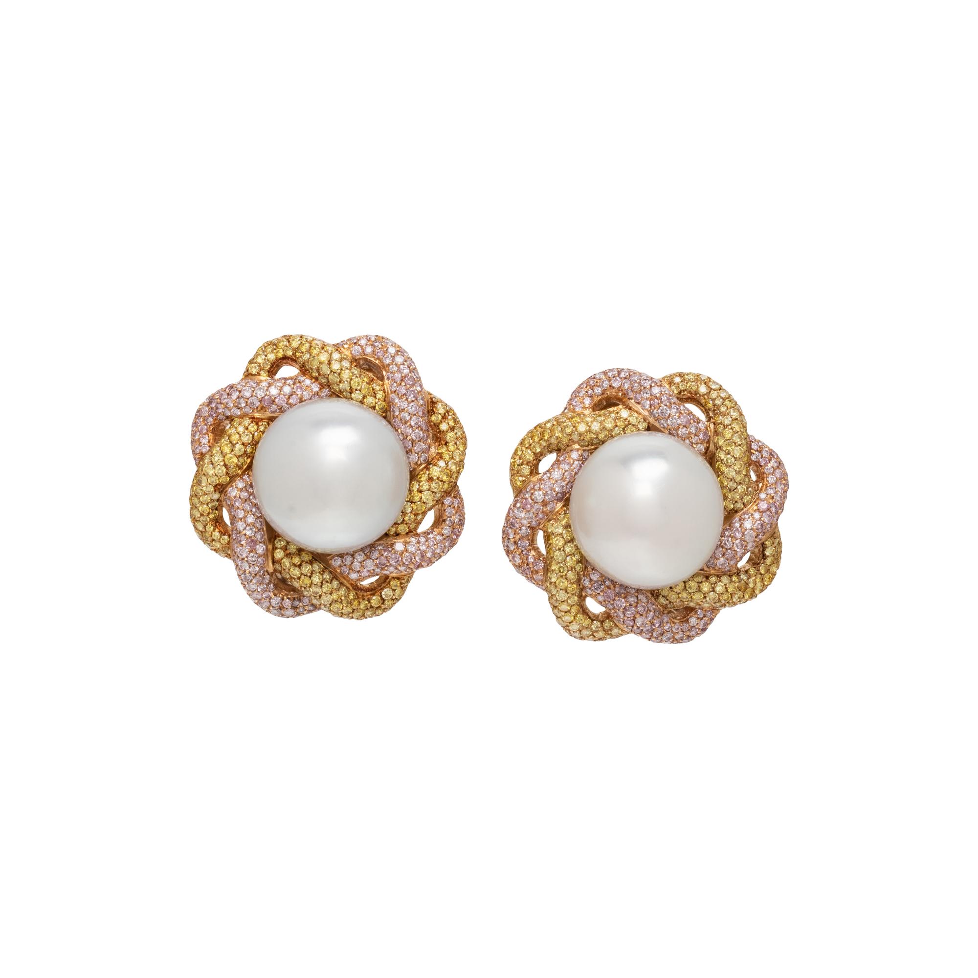 SOUTH SEA CULTURED PEARL AND COLORED DIAMOND EARRINGS
