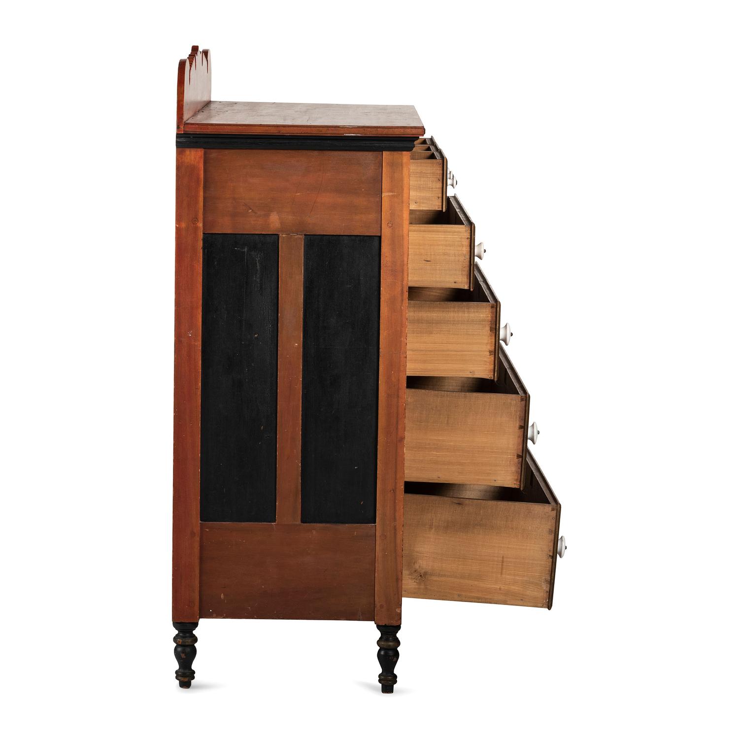 A Mennonite Red Wash, Black and Parcel Gilt Painted, Stencil Decorated Poplar Chest of Drawers