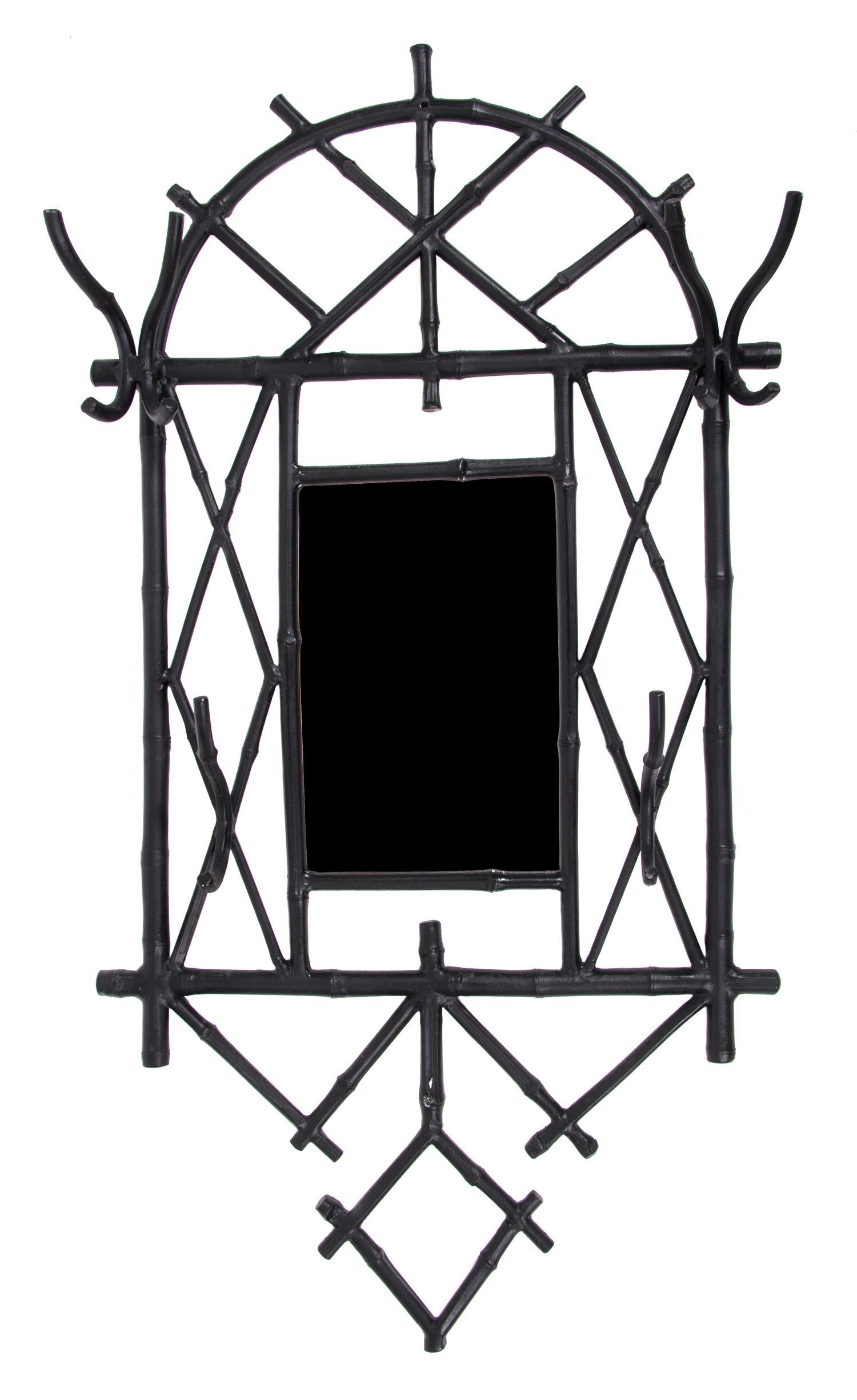 A Cast Iron Black Painted Hall Mirror and Bracket Shelf Height of mirror 45 x width 24 inches. — 20TH CENTURY