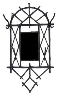 A Cast Iron Black Painted Hall Mirror and Bracket Shelf Height of mirror 45 x width 24 inches. — 20TH CENTURY