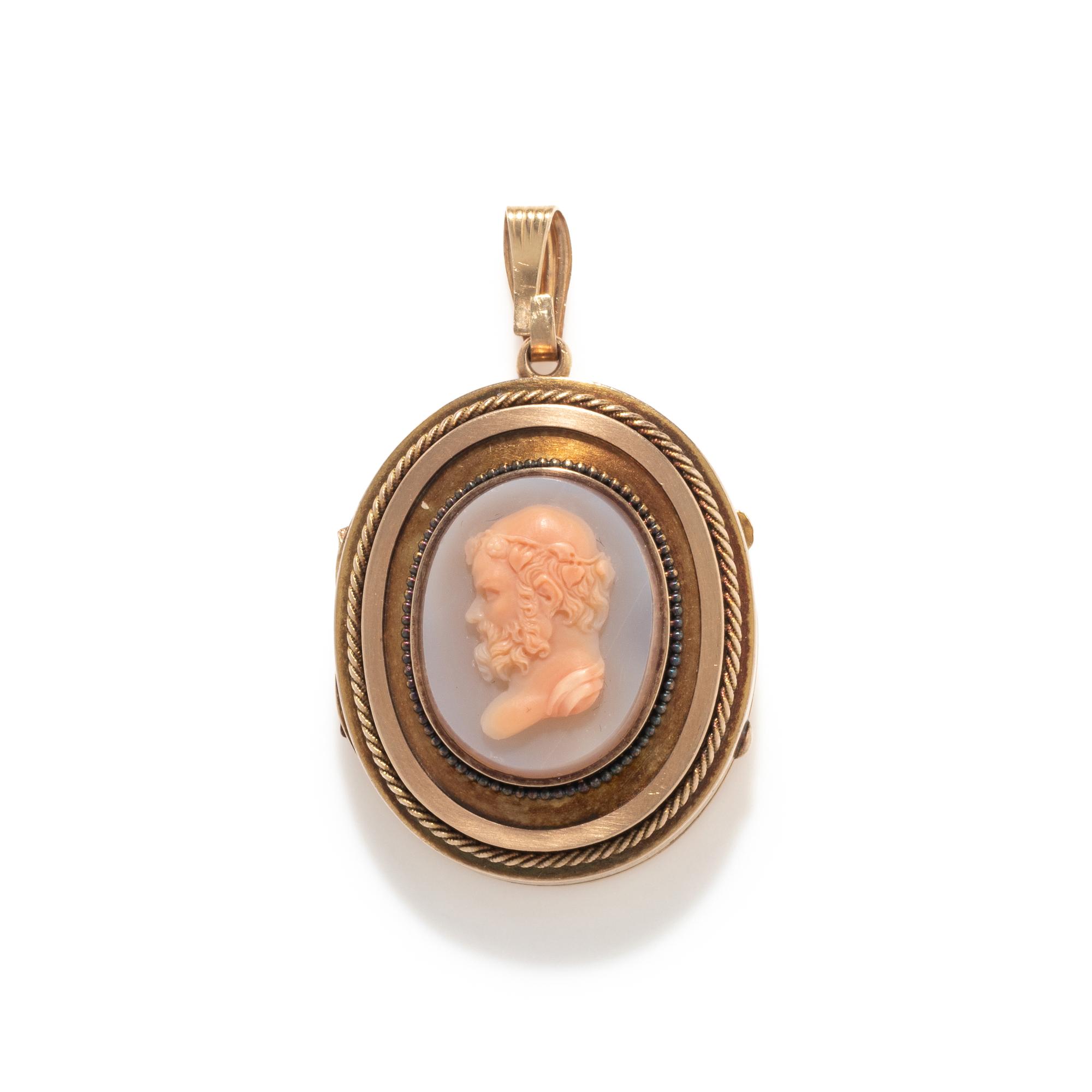 A Neoclassical Gold and Agate Cameo Locket with the God Silenus wearing an Ivy Crown