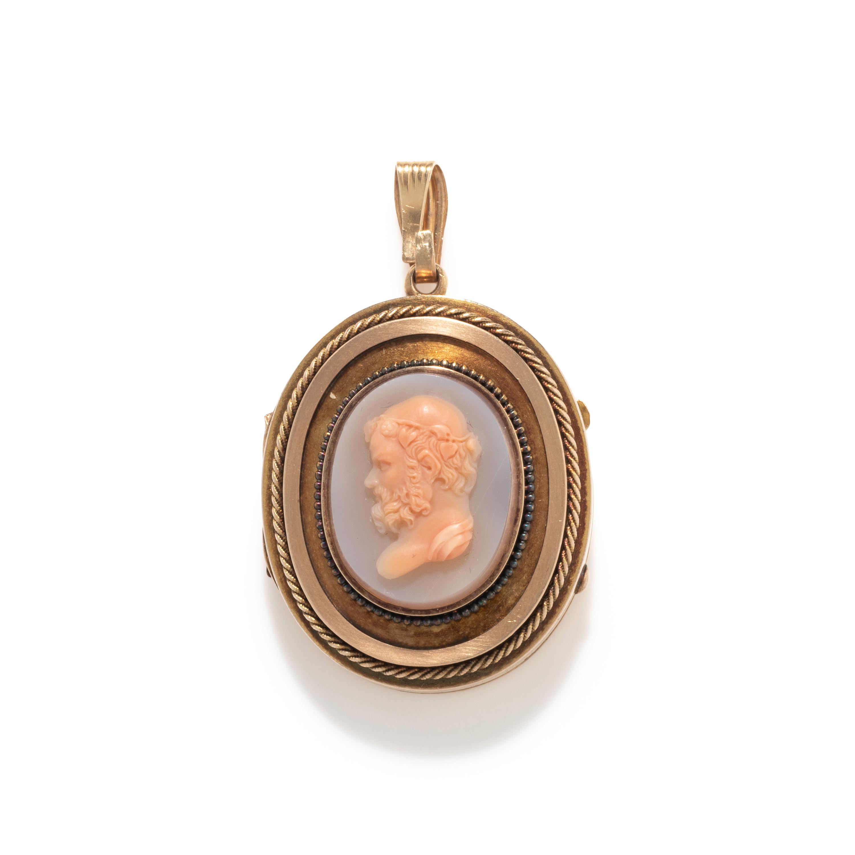 A Neoclassical Gold and Agate Cameo Locket with the God Silenus wearing an Ivy Crown