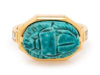 BVLGARI, FAIENCE SCARAB AND DIAMOND RING