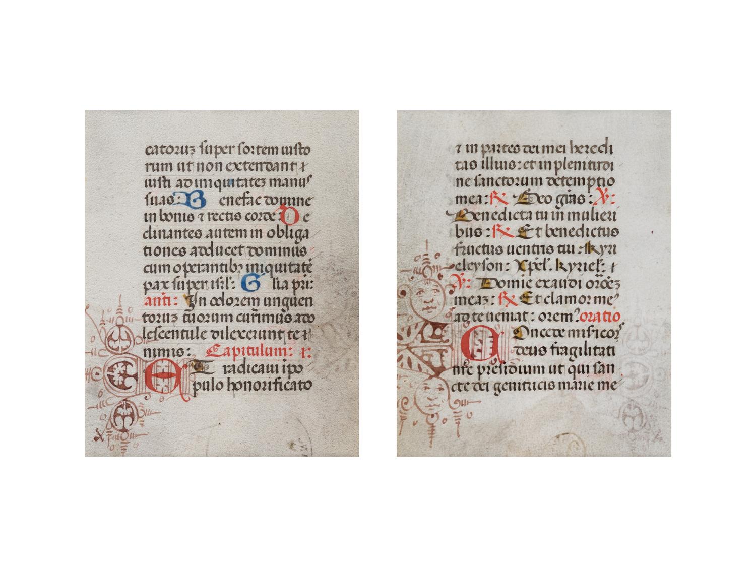 [BOOK OF HOURS]. A group of 25 leaves from medieval and renaissance manuscripts and printed books, including 5 or more from Otto Ege’s Fifty Original Leaves from Medieval Manuscripts. Western Europe: XII-XVI Century [compiled Cleveland, c.1950] and Original Leaves from Famous Bibles: Nine Centuries, 1121-1935 A.D [Compiled Cleveland, c.1950]. Various sizes, including: